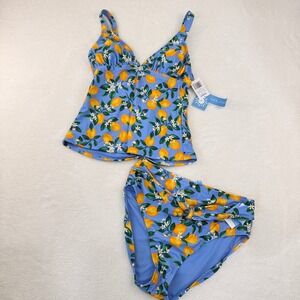 Draper James Tankini Swimsuit Set Womens Medium Blue Lemon Print NWT